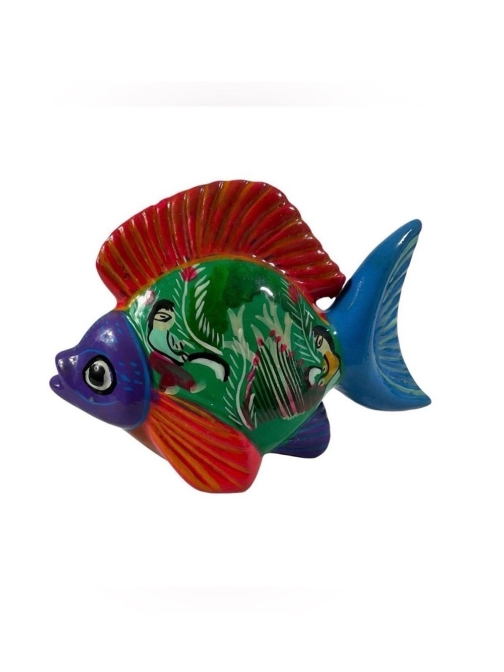 Mexican Folk Art Hand Painted Ceramic Fish Figurine 7” Puebla Style